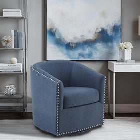 Tyler Upholstered Swivel Barrel Chair with Nailheads